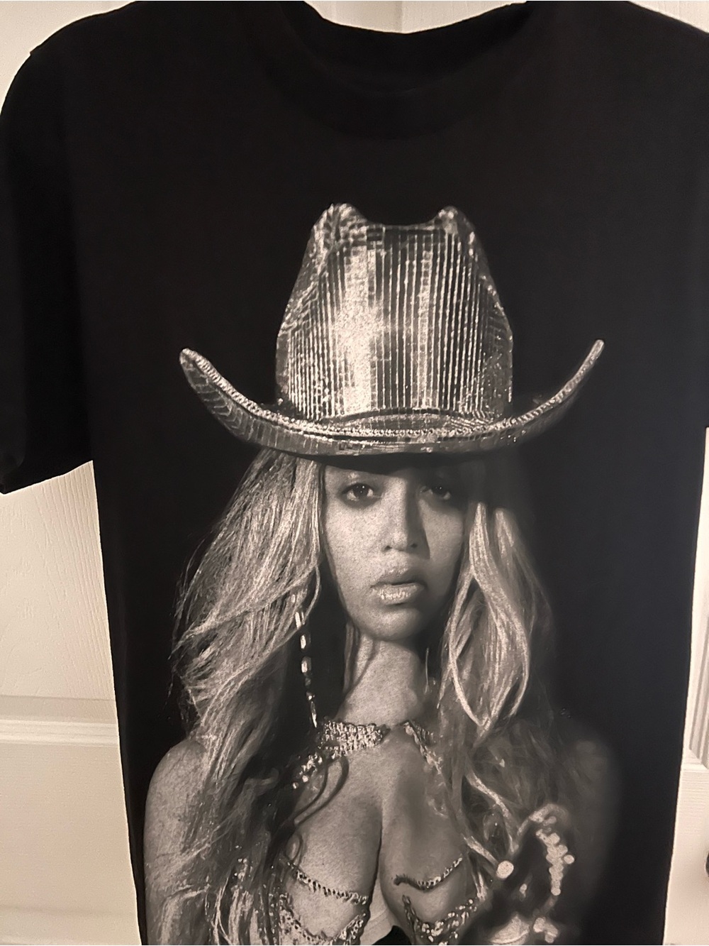 Women's Black Graphic Tee with Cowboy Hat Portrait